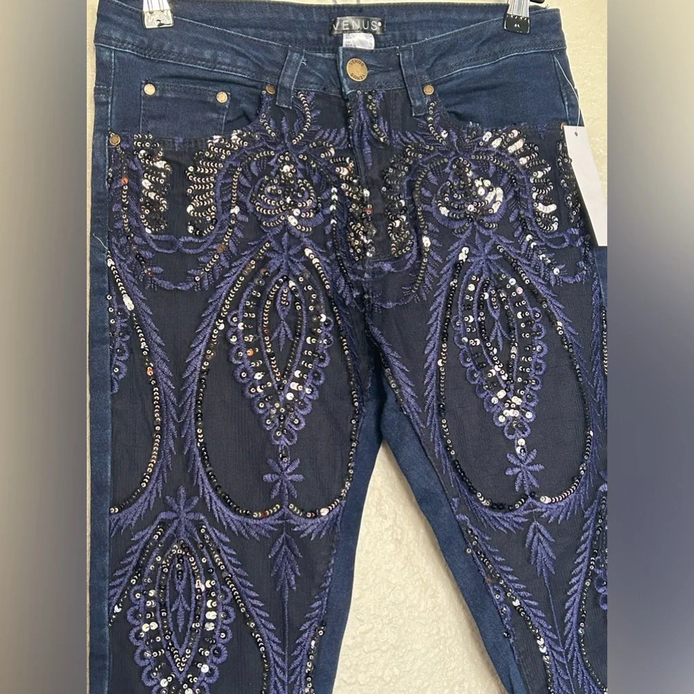 New Venus Lace Sequins Detailing Blue Jeans Size 4 - Picture 2 of 9
